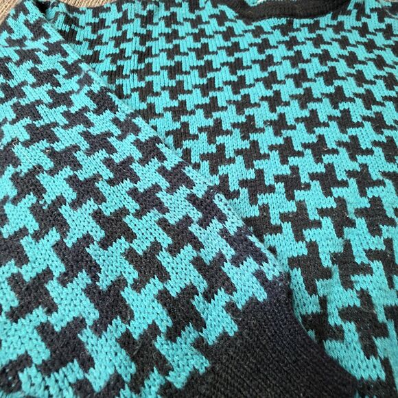 Vintage 90's 80's Houndstooth Checkered Sweater Size Large Black Teal Retro - Picture 3 of 7